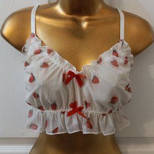 Shein White Sheer Mesh Strawberry Bralette Satin Straps Red Bows Women Plus 2X
